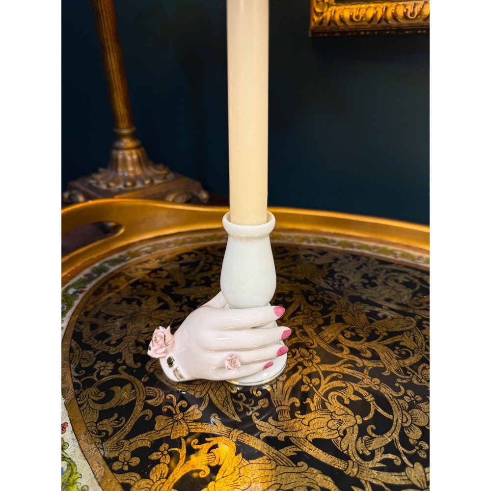 Vintage Betson Porcelain Candlestick: Hand-Shaped Rose & Gold MCM Decor